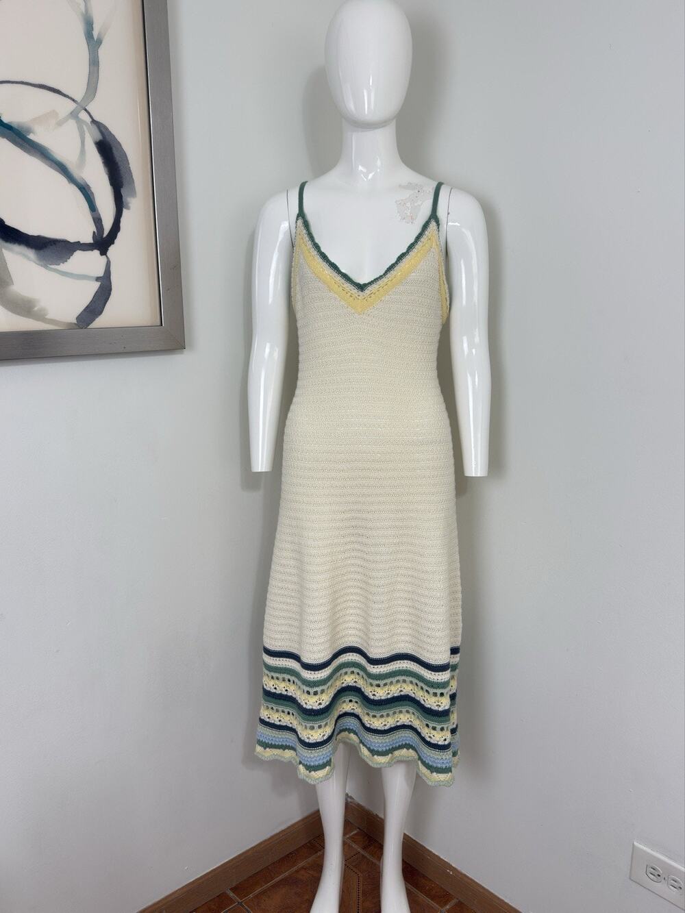 Women’s Crochet Knit Midi Dress Cream Summer Boho Beach Resortwear NWT Size M